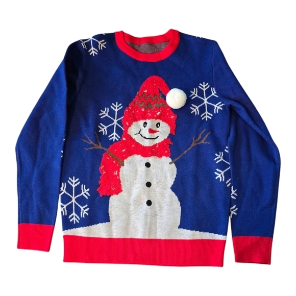 Christmas Ugly Sweater Women Small Blue Red Snowman Flakes Embellished Holiday - Picture 1 of 11